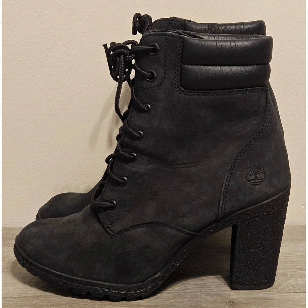 Timberland Glancy 6 Inch Black Nubuck Leather Lace Up Heel Boots A1H1I Womens 6